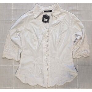 Giocam White Fine Cotton Embroidered Scallop Blouse Peru Medium Short Sleeve